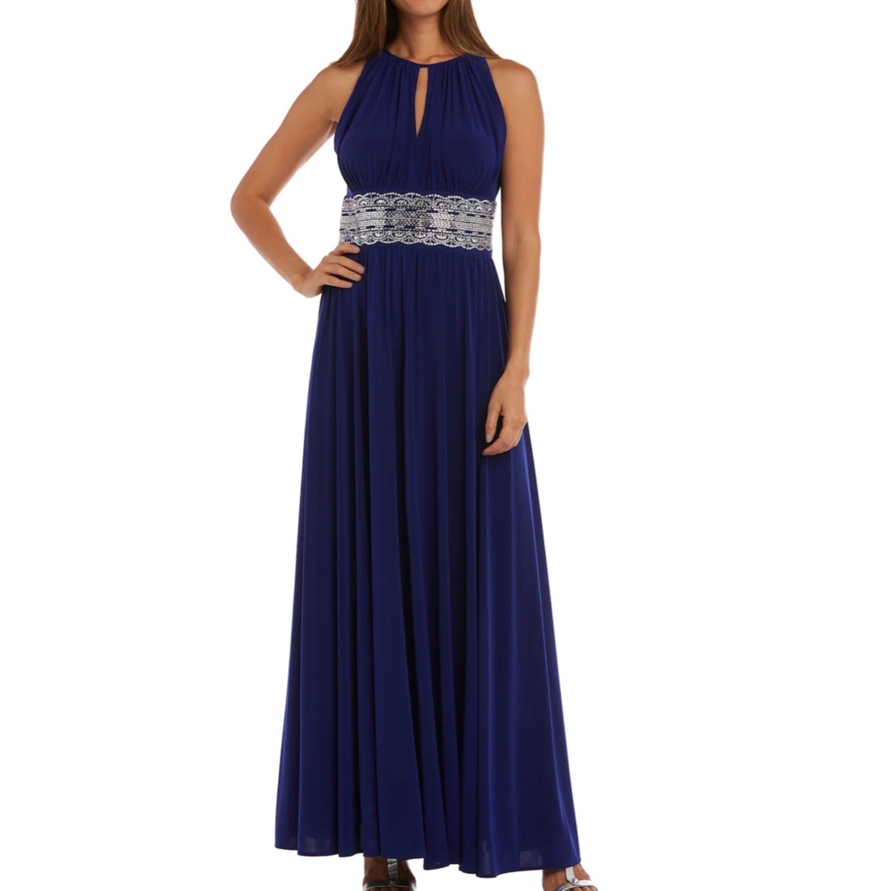 R & M Richards Long Halter Dress With Rhinetone Waistline Size 10